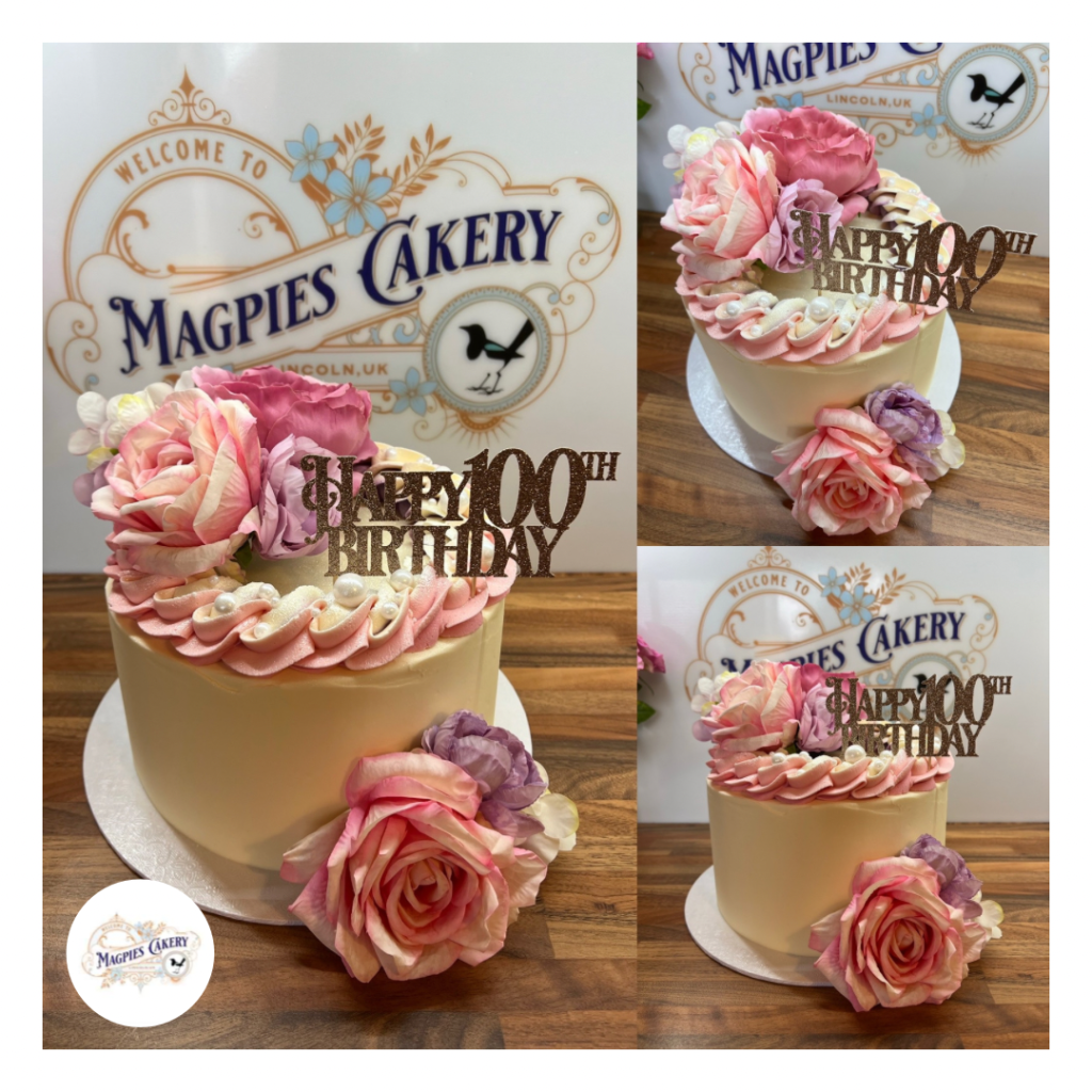 Pink floral buttercream 100th birthday cake, Magpies Cakery, cake maker & decorator, Lincoln & Newark