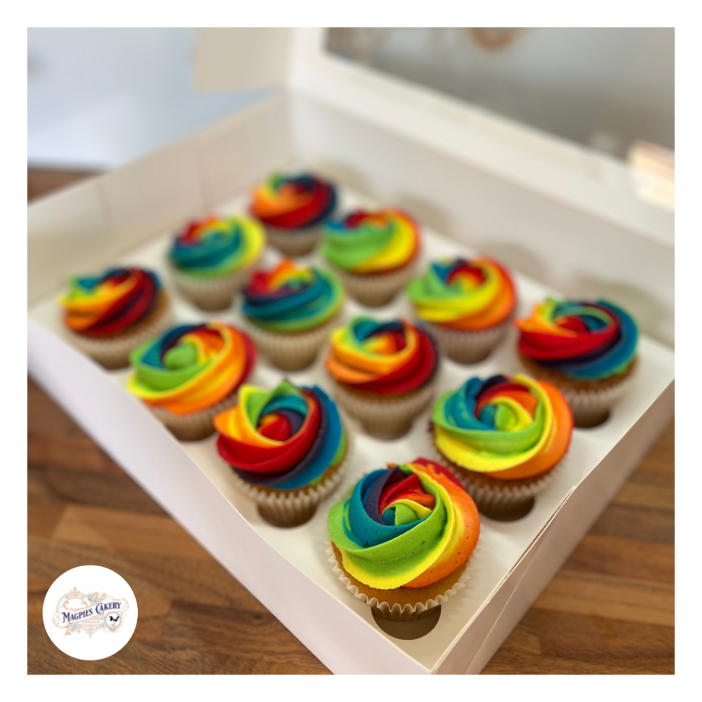Bright rainbow buttercream cupcakes, Magpies Cakery, cake maker & decorator, Lincoln & Newark