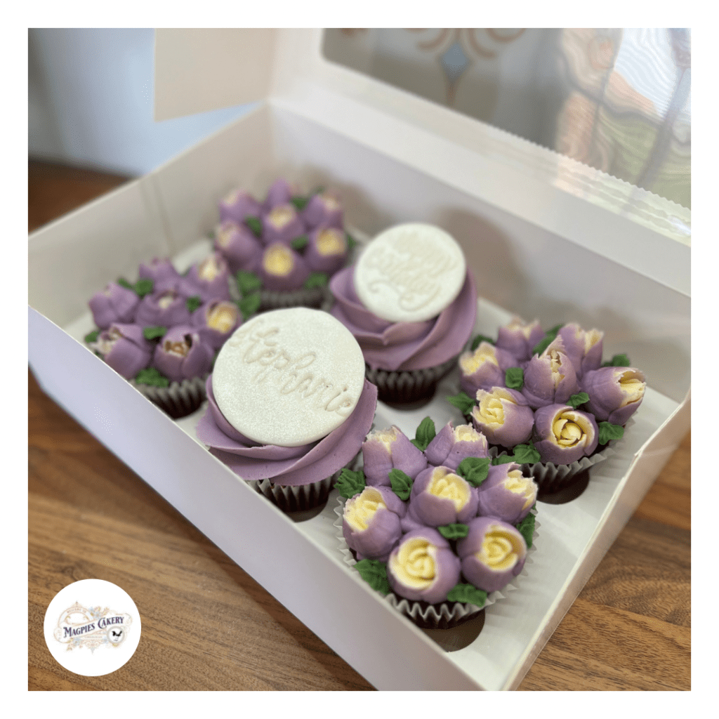 Floral birthday cupcakes with personalised fondant toppers, Magpies Cakery, cake maker & decorator, Lincoln & Newark