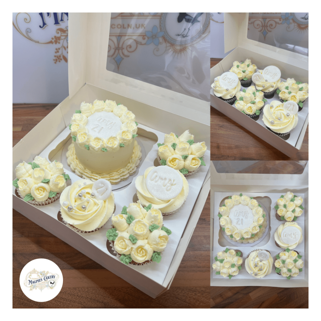 21st birthday bento box cake and floral cupcakes, Magpies Cakery, cake maker & decorator, Lincoln & Newark