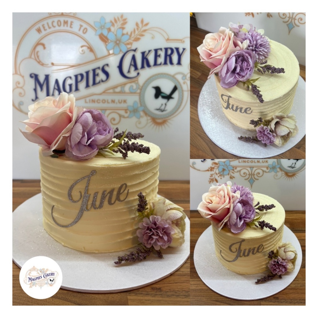 6" buttercream finish birthday cake with faux floral decoration & personalised cake topper, Magpies Cakery, cake maker & decorator, Lincoln & Newark