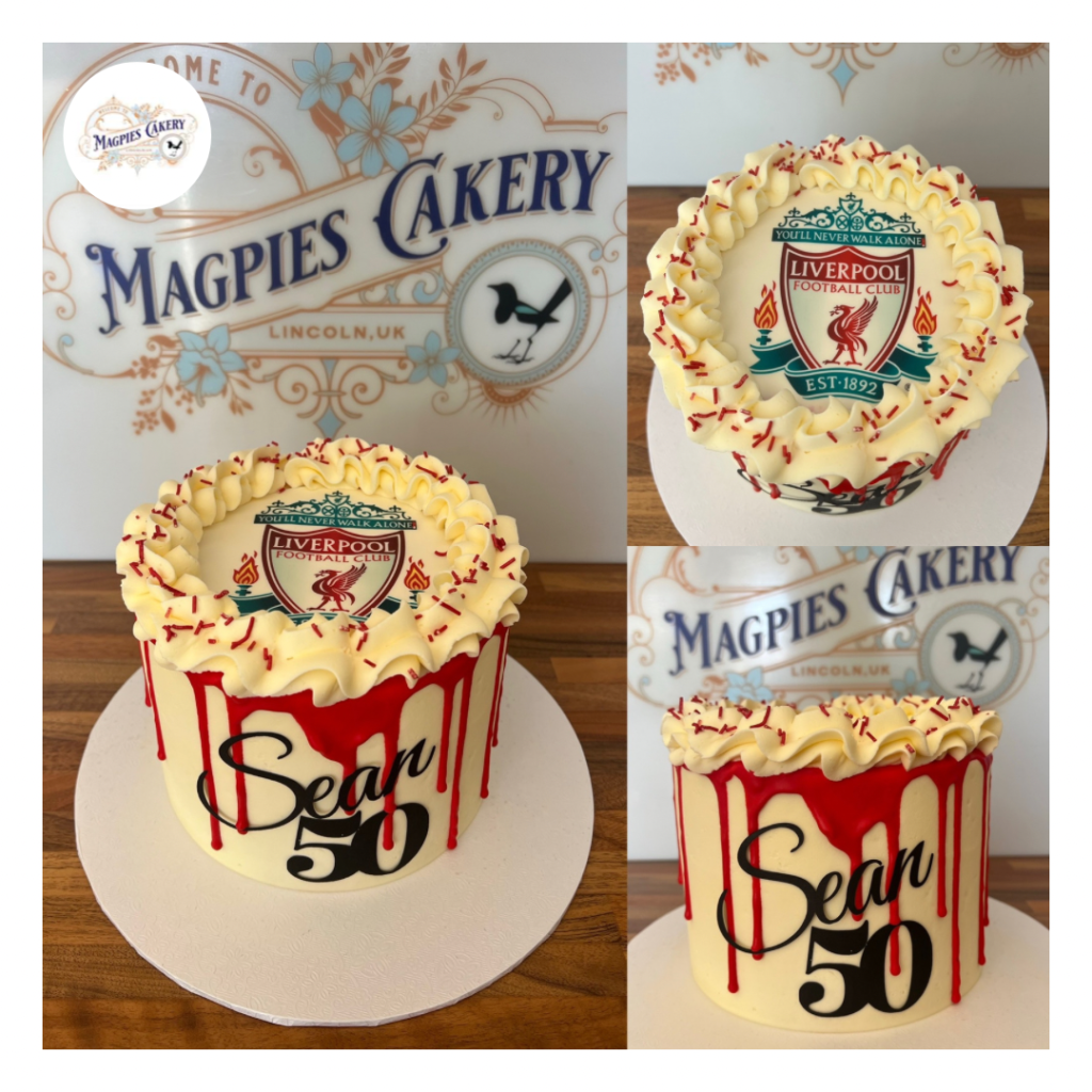 Liverpool football club inspired 50th birthday drip cake, Magpies Cakery, cake maker & decorator, Lincoln & Newark