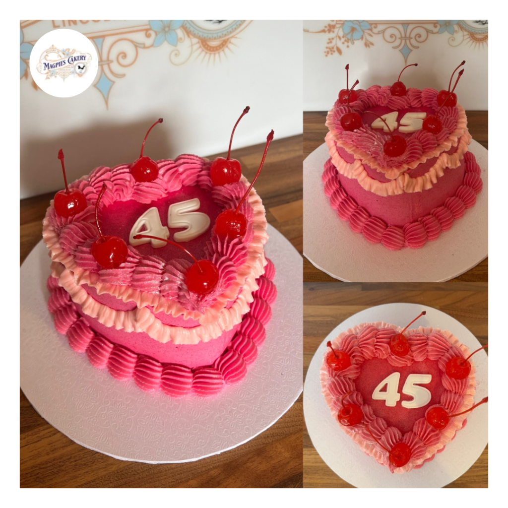 Vintage inspired heart birthday cake with buttercream piping, cocktail cherries & glitter, Magpies Cakery, cake maker & decorator, Lincoln & Newark