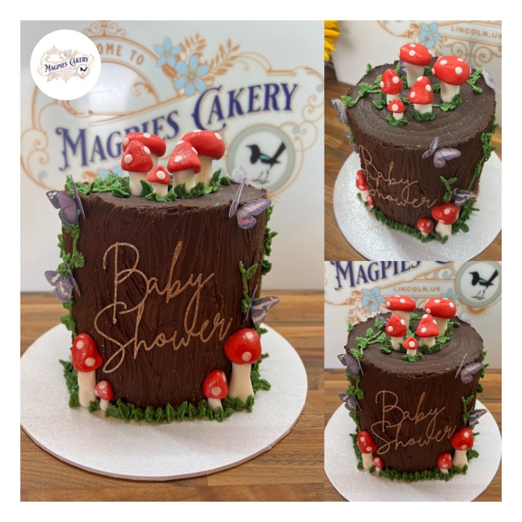 Woodland inspired baby shower cake with fondant mushrooms, butterflies & personalised cake topper, Magpies Cakery, cake maker & decorator, Lincoln & Newark