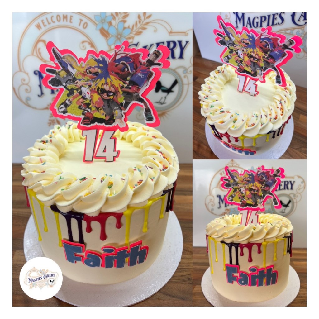 Splatoon 3 inspired 14th birthday drip cake with buttercream piping,sprinkles and personalised cake toppers, Magpies Cakery, cake maker & decorator, Lincoln & Newark