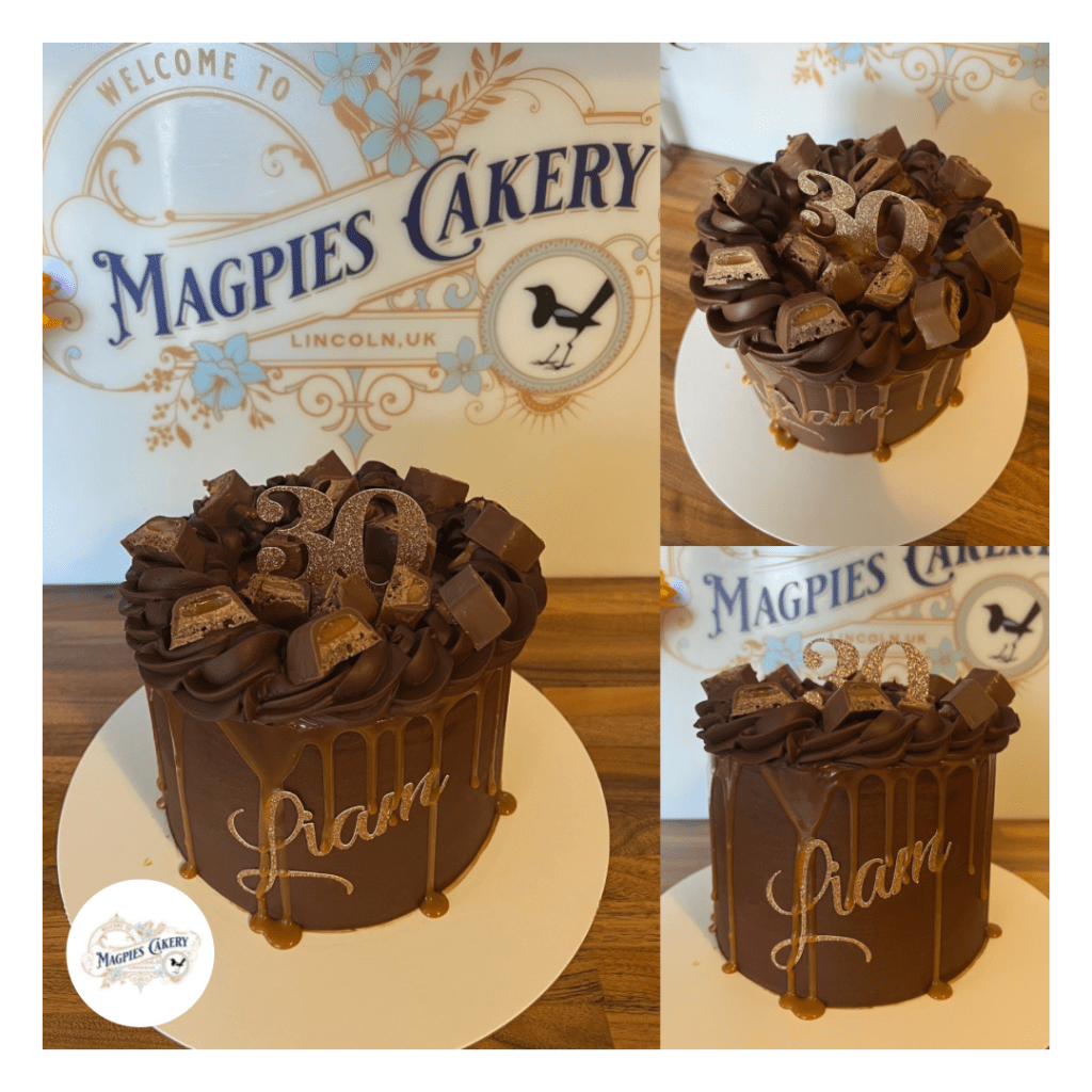 Wispa gold inspired chocolate ganache finish 30th birthday cake finished with caramel drip, piping, wispa gold chunks and personalised card topper Chocolate sponge filled with caramel and chocolate buttercream and finished with chocolate ganache Magpies Cakery, cake maker & decorator, Lincoln & Newark