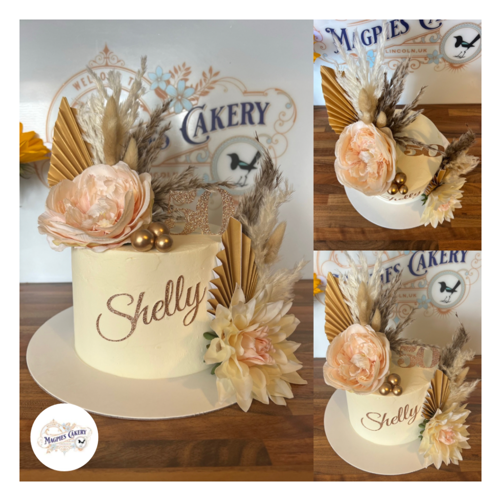Single tier, tall 8” full buttercream finish 50th birthday cake finished with faux flowers, fans, pampas, bunny tails, gold balls and personalised card topper Magpies Cakery, cake maker & decorator, Lincoln & Newark