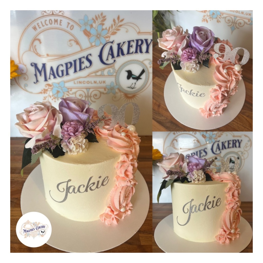 Single tier full buttercream finish 90th birthday cake finished with faux flowers and personalised card topper Magpies Cakery, cake maker & decorator, Lincoln & Newark