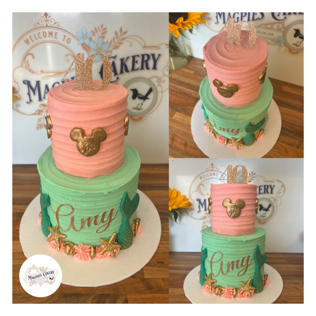 Two tier, 4” & 6” full buttercream finish Disney & Little Mermaid inspired 40th birthday cake. Finished with pink and aqua buttercream, fondant mermaid tails, shells, Mickey heads and personalised cake toppers Top tier - gluten free red velvet Bottom tier - caramel Magpies Cakery, cake maker & decorator, Lincoln & Newark