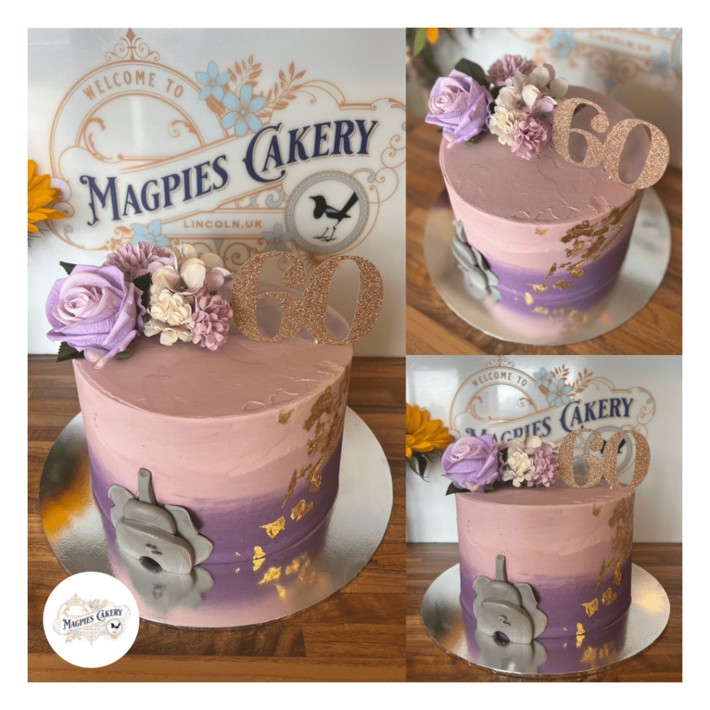Single tier, tall 8” full buttercream finish 60th birthday cake finished with purple ombré buttercream, faux flowers, gold leaf, hand modelled fondant elephant and personalised card topper Magpies Cakery, cake maker & decorator, Lincoln & Newark