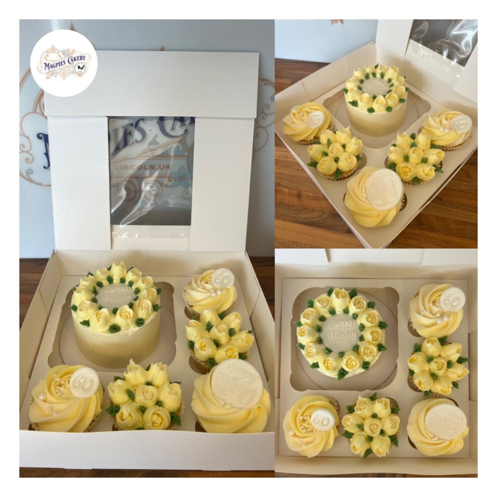 Buttercream 60th birthday bento box cake & cupcakes, cake maker & decorator, Lincoln & Newark