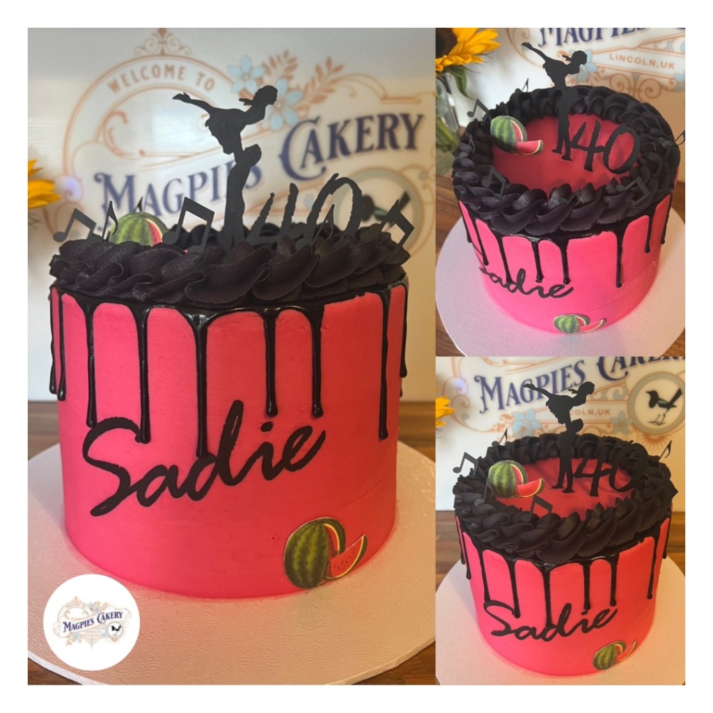 Tall 8” full buttercream finish Dirty Dancing inspired 40th birthday cake finished with pink buttercream, black drip, piping and personalised cake toppers Magpies Cakery, cake maker & decorator, Lincoln & Newark
