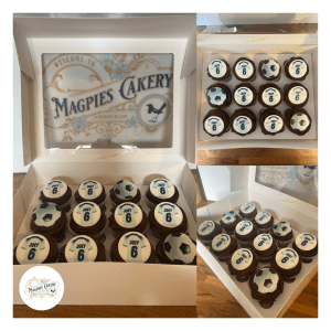 Football inspired buttercream finish cupcakes. Magpies Cakery, cake maker & decorator, Lincoln & Newark UK