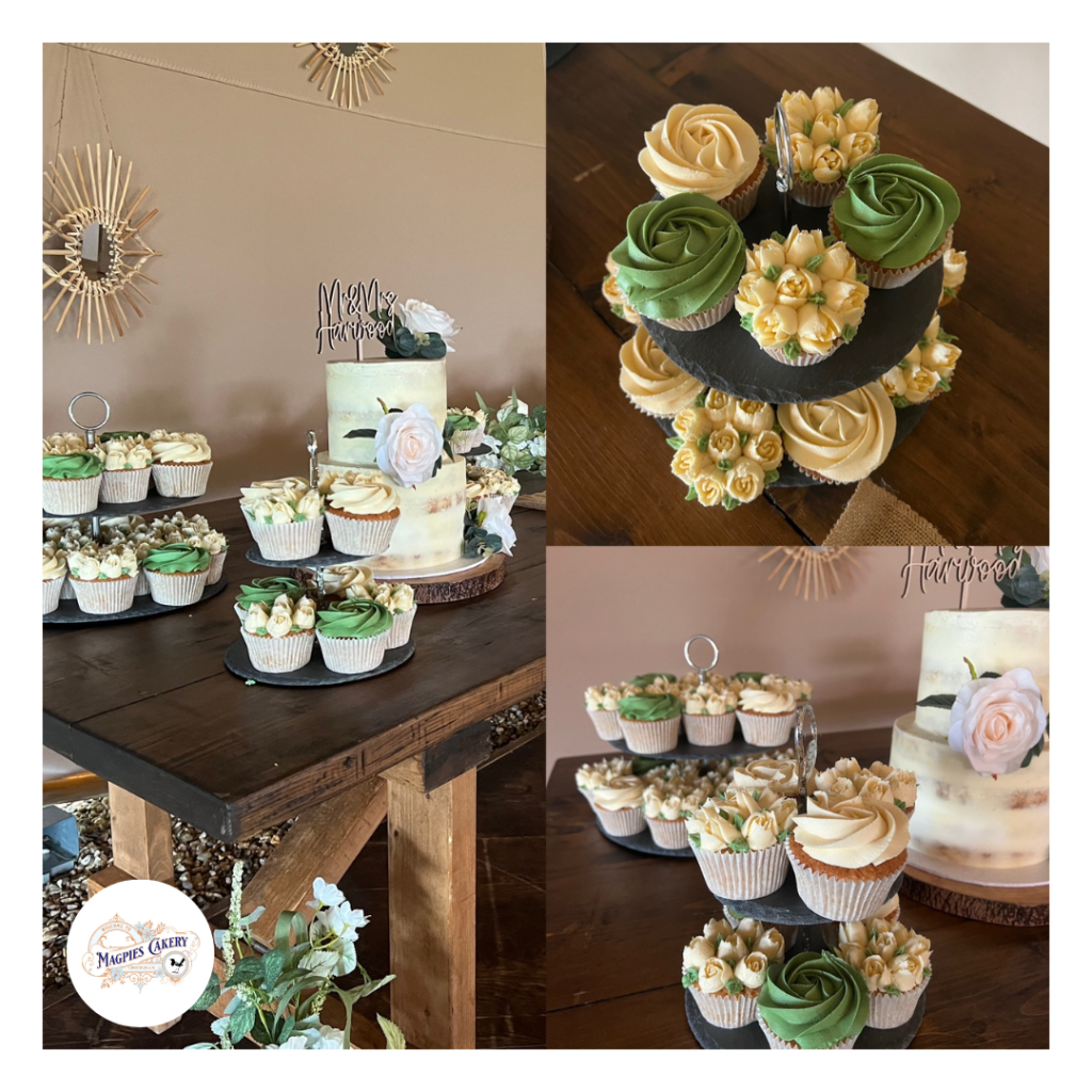 Floral buttercream finish two tier semi naked wedding cake and matching wedding cupcakes. Magpies Cakery, cake maker & decorator, Lincoln & Newark UK