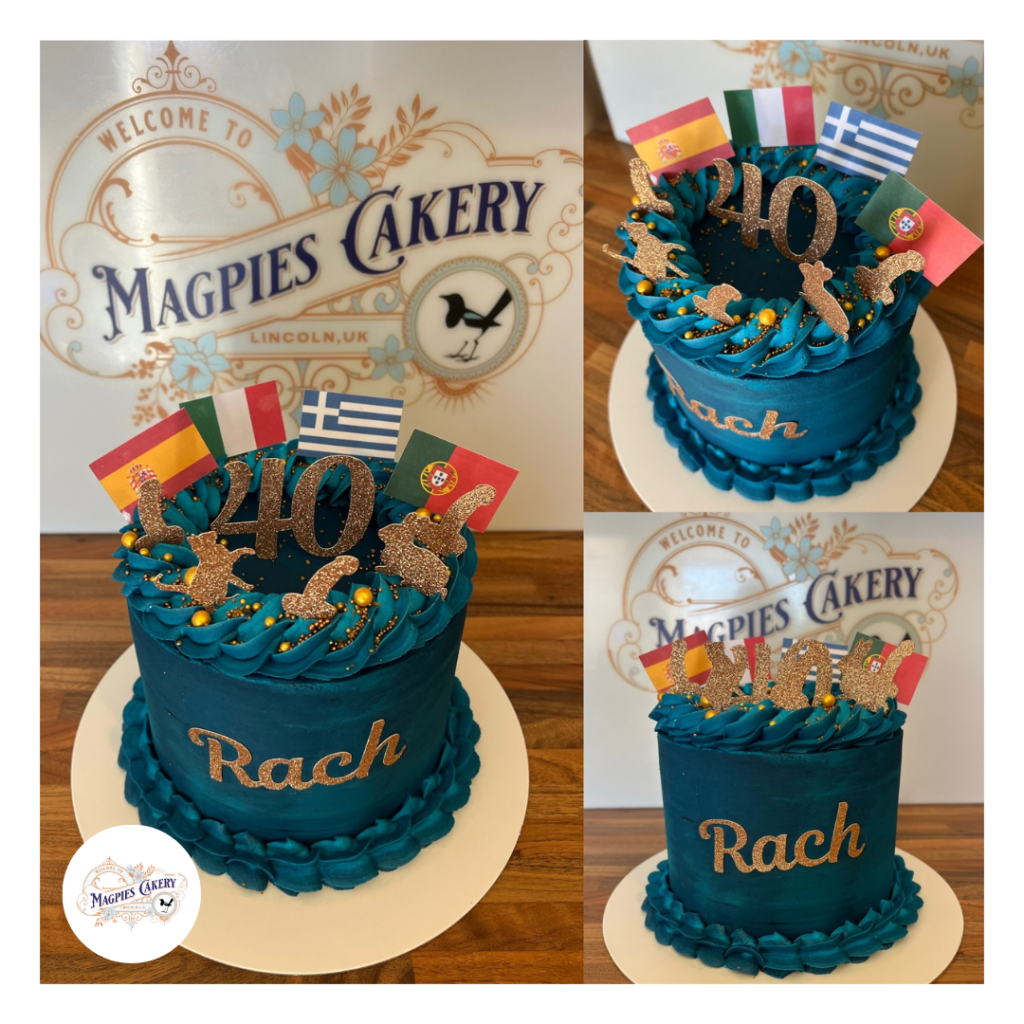 Travel inspired 40th birthday cake with buttercream finish. Magpies Cakery, cake maker & decorator, Lincoln & Newark