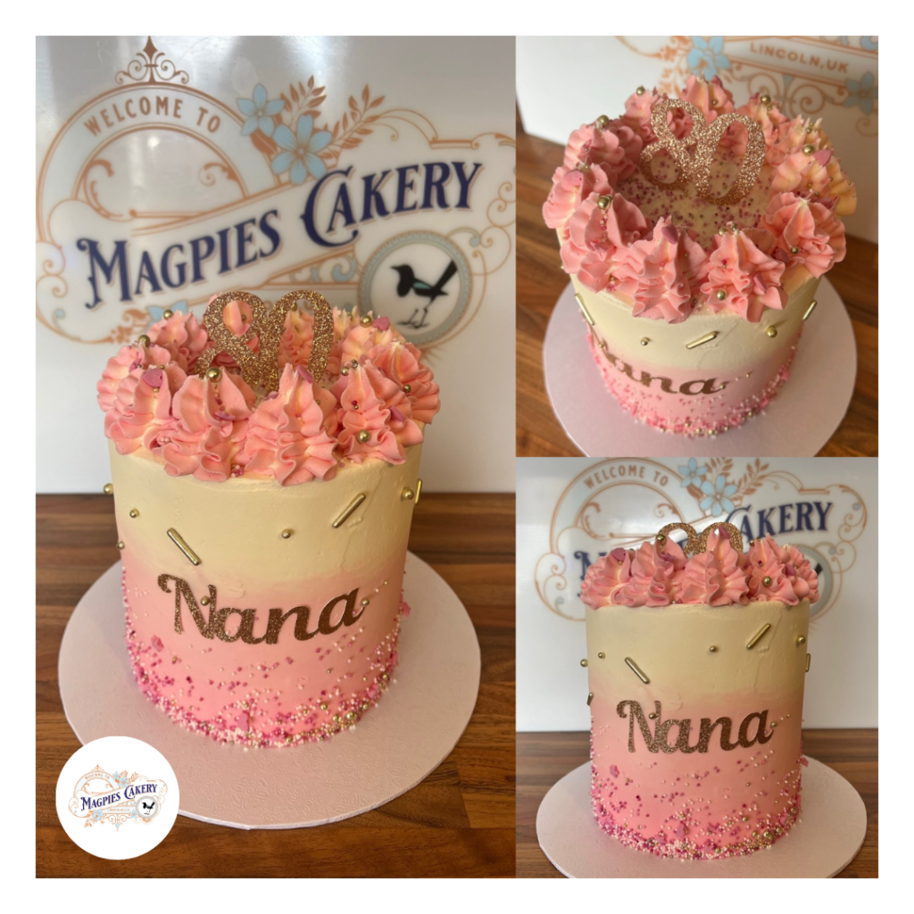 Floral inspired 80th birthday cake with buttercream finish. Magpies Cakery, cake maker & decorator, Lincoln & Newark