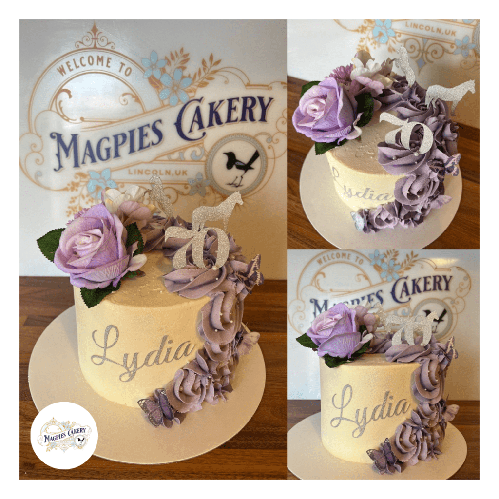 Floral inspired 70th birthday cake with buttercream finish. Magpies Cakery, cake maker & decorator, Lincoln & Newark