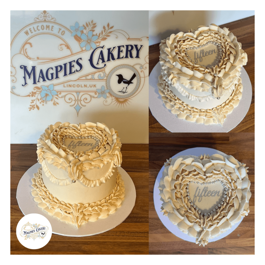 Vintage style heart buttercream finish 15th birthday cake. Magpies Cakery, cake maker & decorator, Lincoln & Newark UK