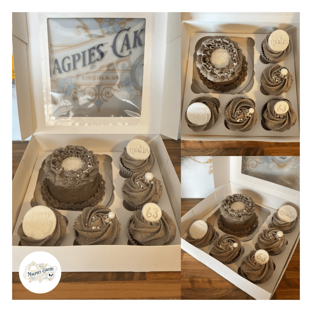 Buttercream finish bento box birthday cake & cupcakes. Magpies Cakery, cake maker & decorator, Lincoln & Newark UK