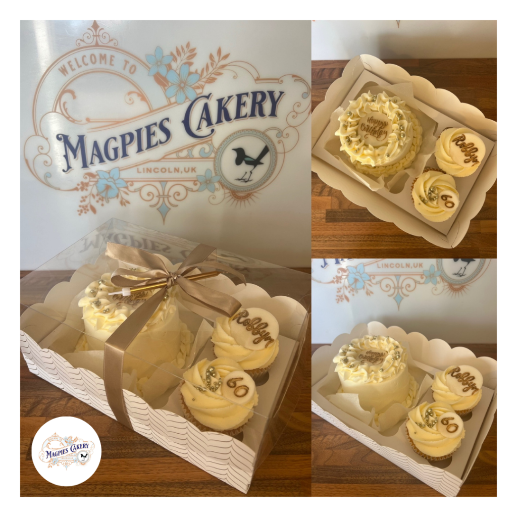 Cream & gold 4" bento box cake & matching cupcakes. Buttercream finish 60th birthday cake. Magpies Cakery, cake maker & decorator, Lincoln & Newark UK