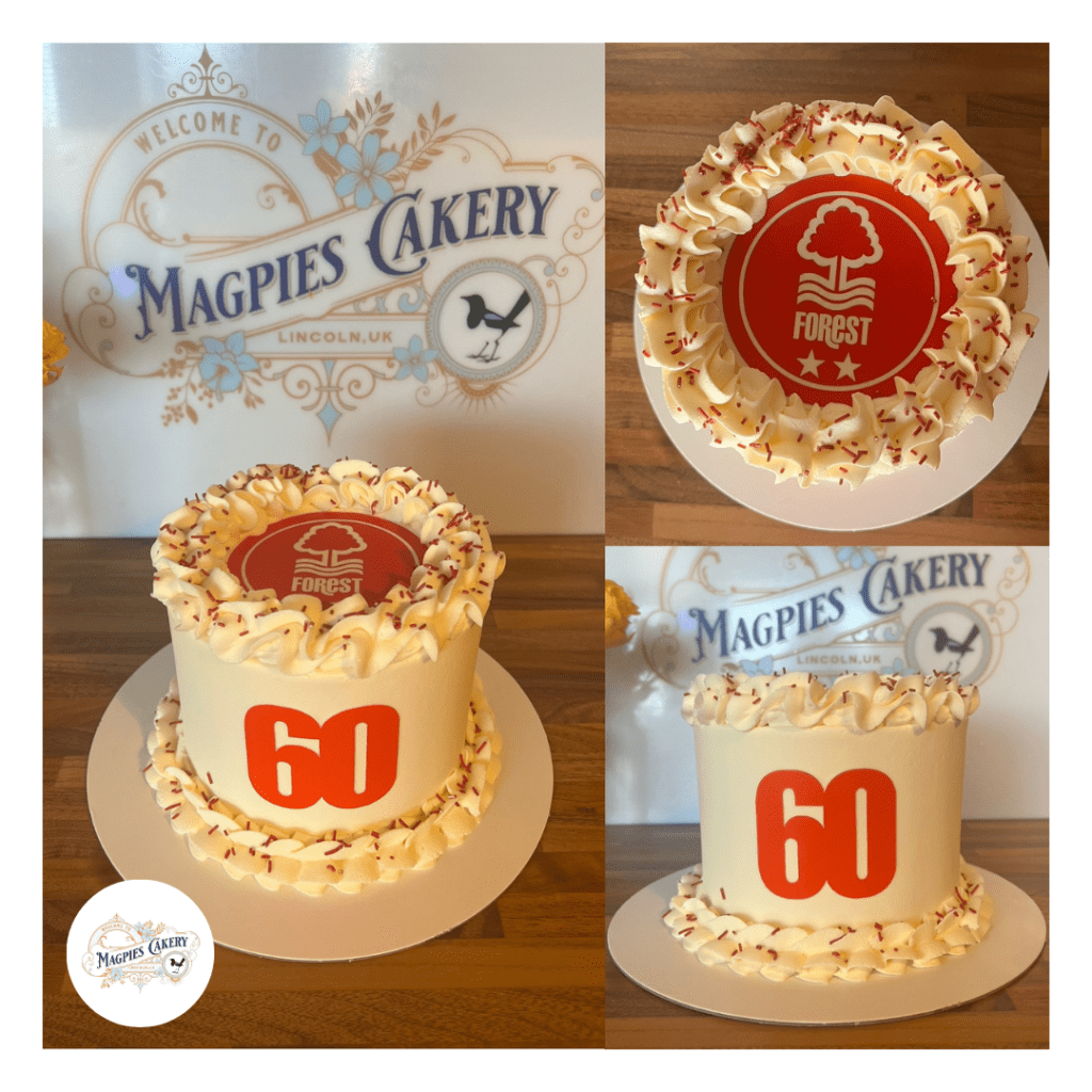 Nottingham Forest inspired buttercream finish 60th birthday cake with printed icing topper. Magpies Cakery, cake maker & decorator, Lincoln & Newark UK