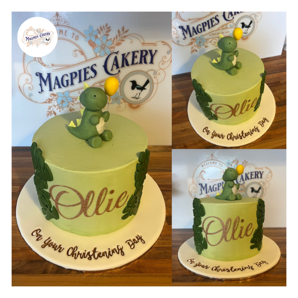 Dinosaur christening cake. Magpies Cakery, cake maker & decorator, Lincoln & Newark UK