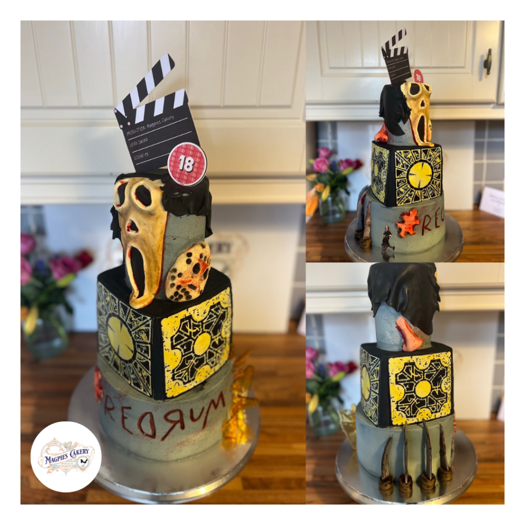 Horror inspired three tier 18th birthday cake. Magpies Cakery, cake maker & decorator, Lincoln & Newark UK