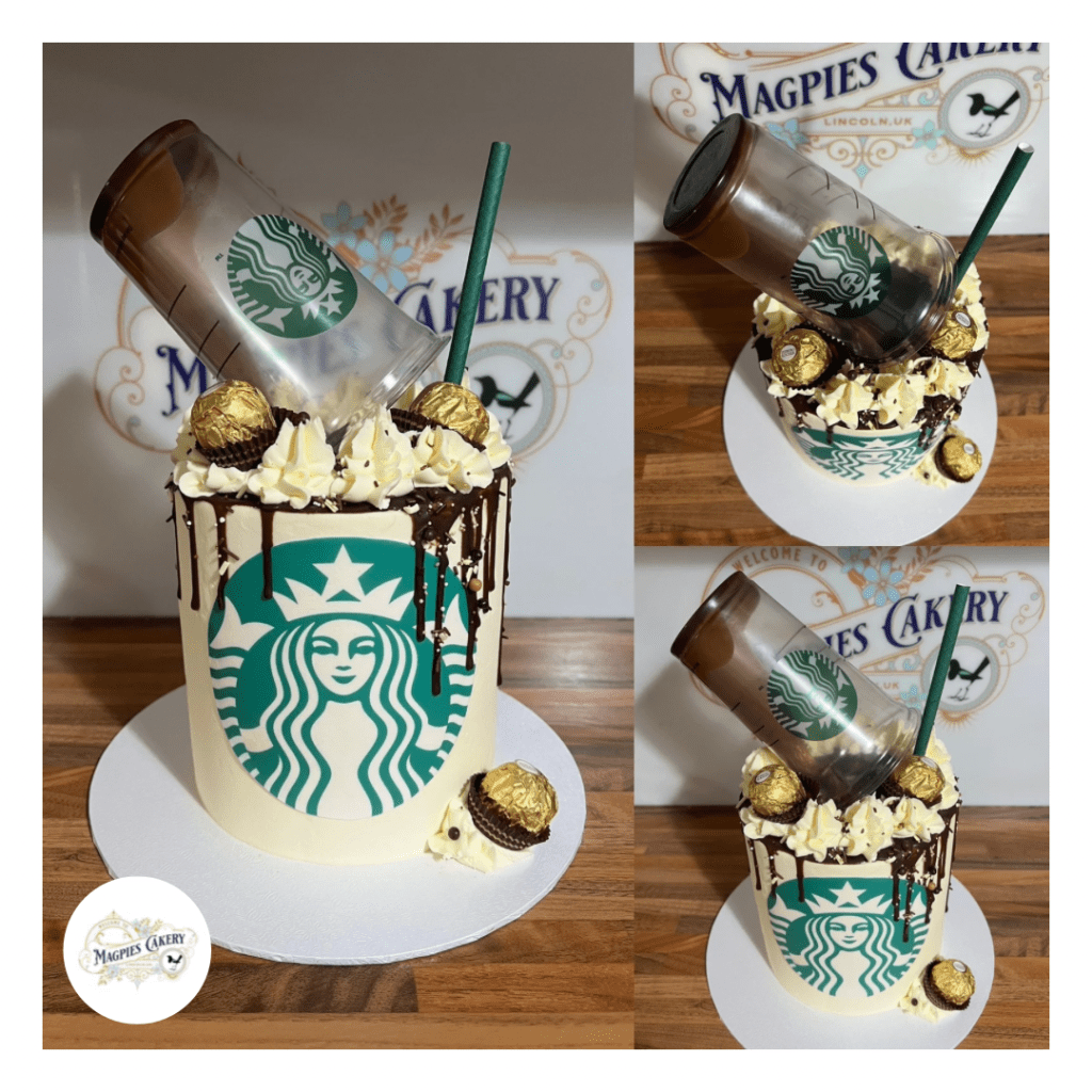 Starbucks inspired birthday drip cake, cake maker & decorator, Lincoln & Newark