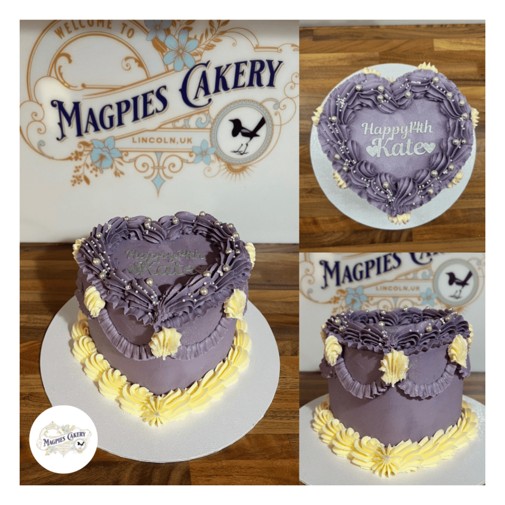 Vintage style heart buttercream finish birthday cake. Magpies Cakery, cake maker & decorator, Lincoln & Newark UK