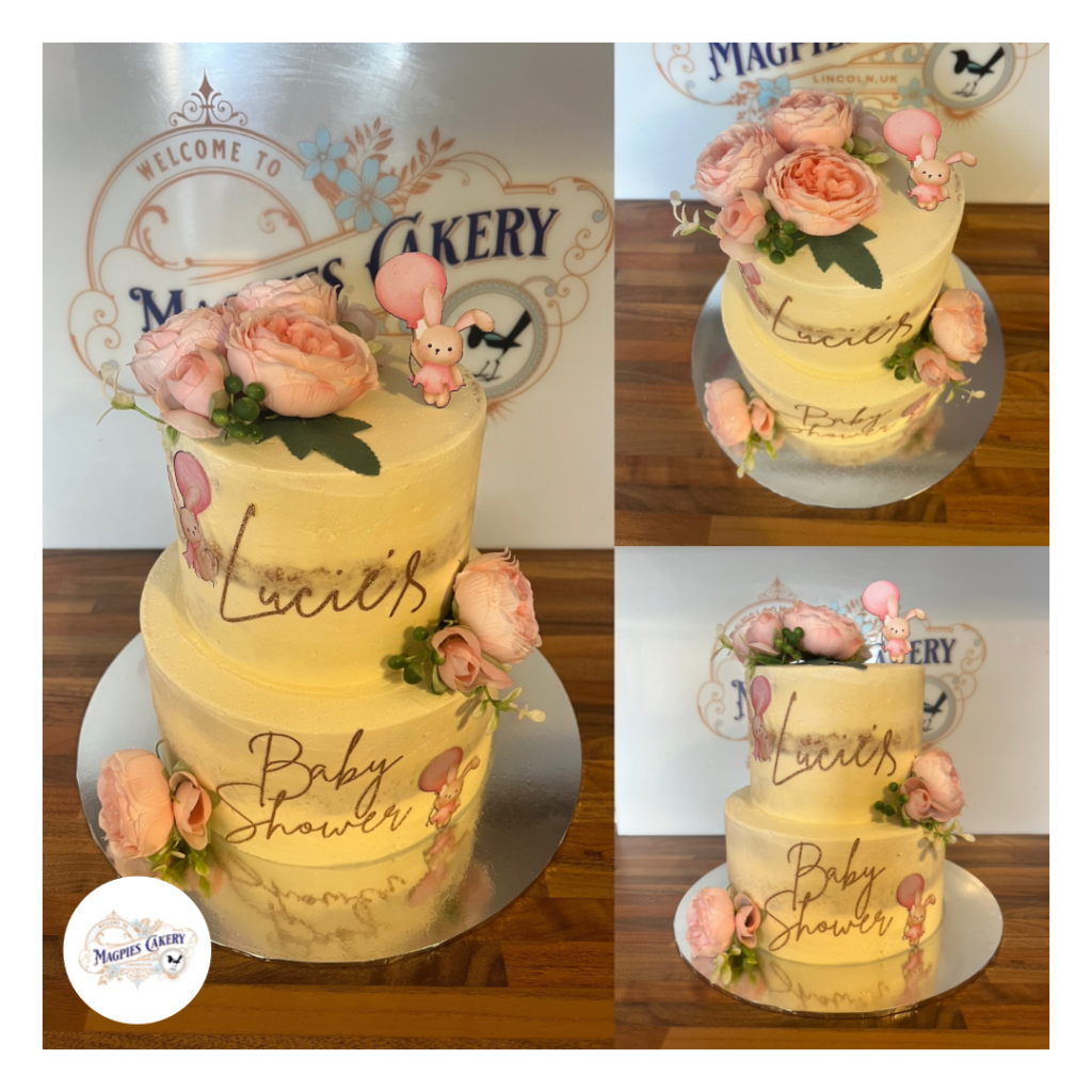 Two tier semi naked floral buttercream finish christening cake. Cake maker & decorator, Lincoln & Newark