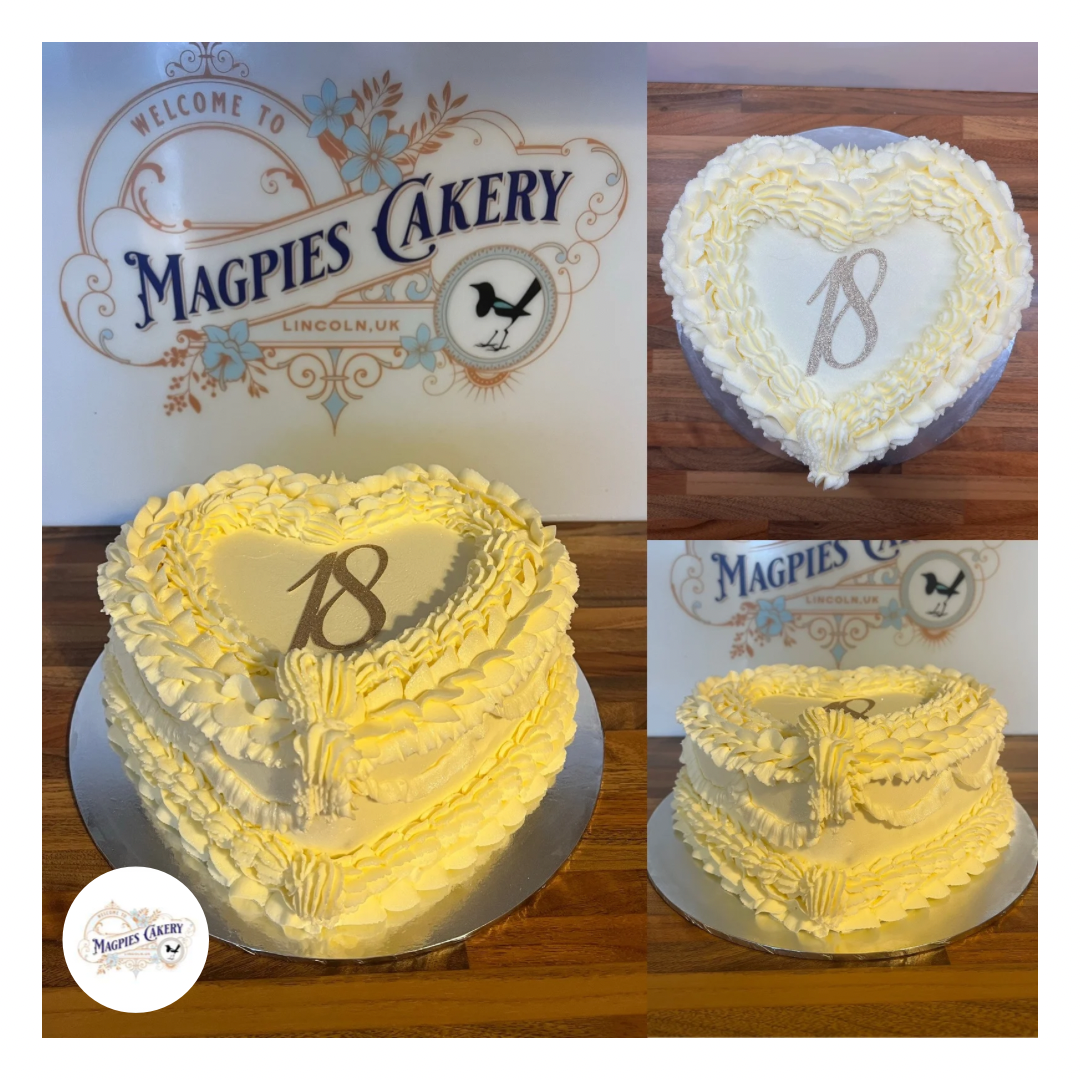 Vintage inspired heart 18th birthday cake with buttercream piping. Magpies Cakery, cake maker & decorator, Lincoln & Newark