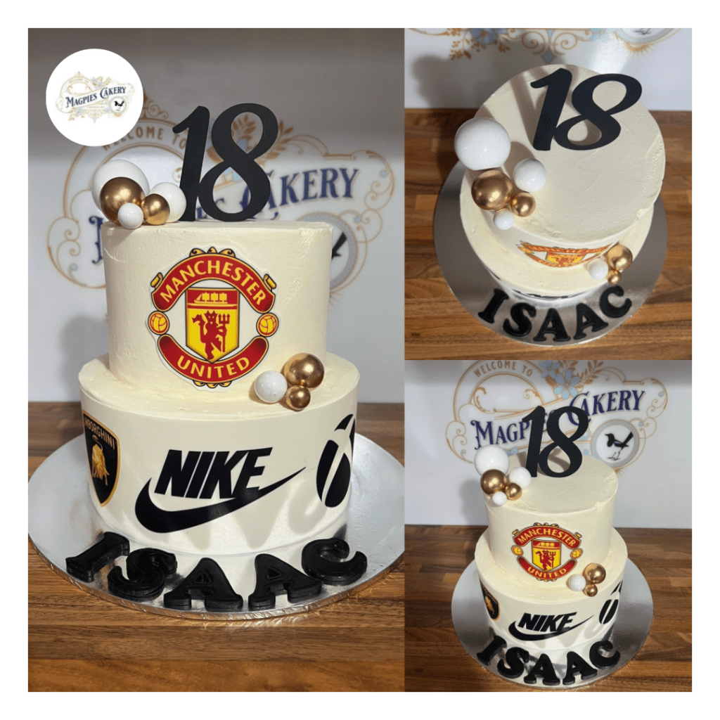 Man Utd football inspired 18th birthday buttercream finish cake. Magpies Cakery, cake maker & decorator, Lincoln & Newark