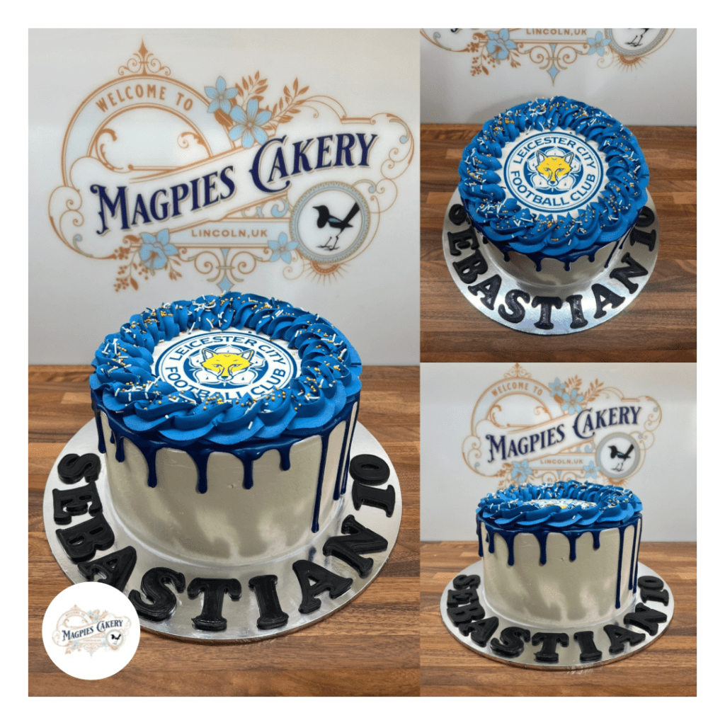Leicester football club inspired birthday drip cake, cake maker & decorator, Lincoln & Newark