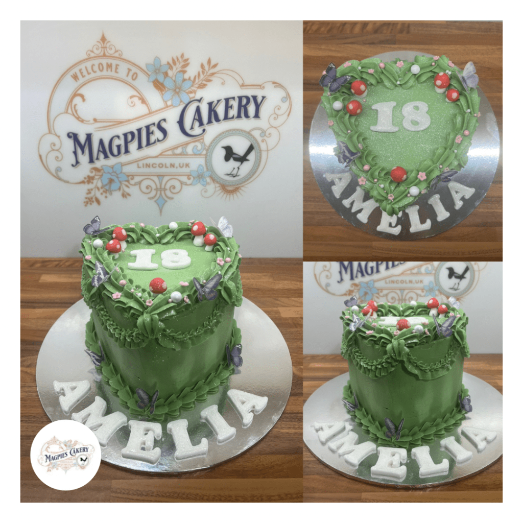 Vintage style heart green buttercream finish 18th birthday cake with fondant mushrooms. Magpies Cakery, cake maker & decorator, Lincoln & Newark UK