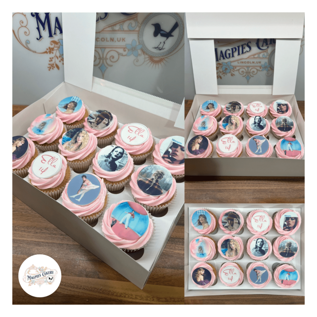 Taylor Swift & Harry Styles inspired printed icing topper cupcakes, Magpies Cakery, cake maker & decorator, Lincoln & Newark