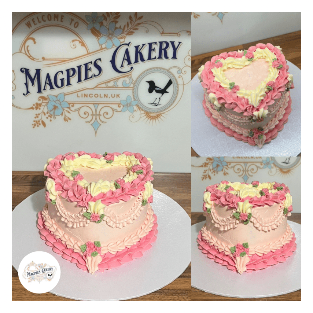 Vintage style heart pink buttercream finish birthday cake. Magpies Cakery, cake maker & decorator, Lincoln & Newark UK