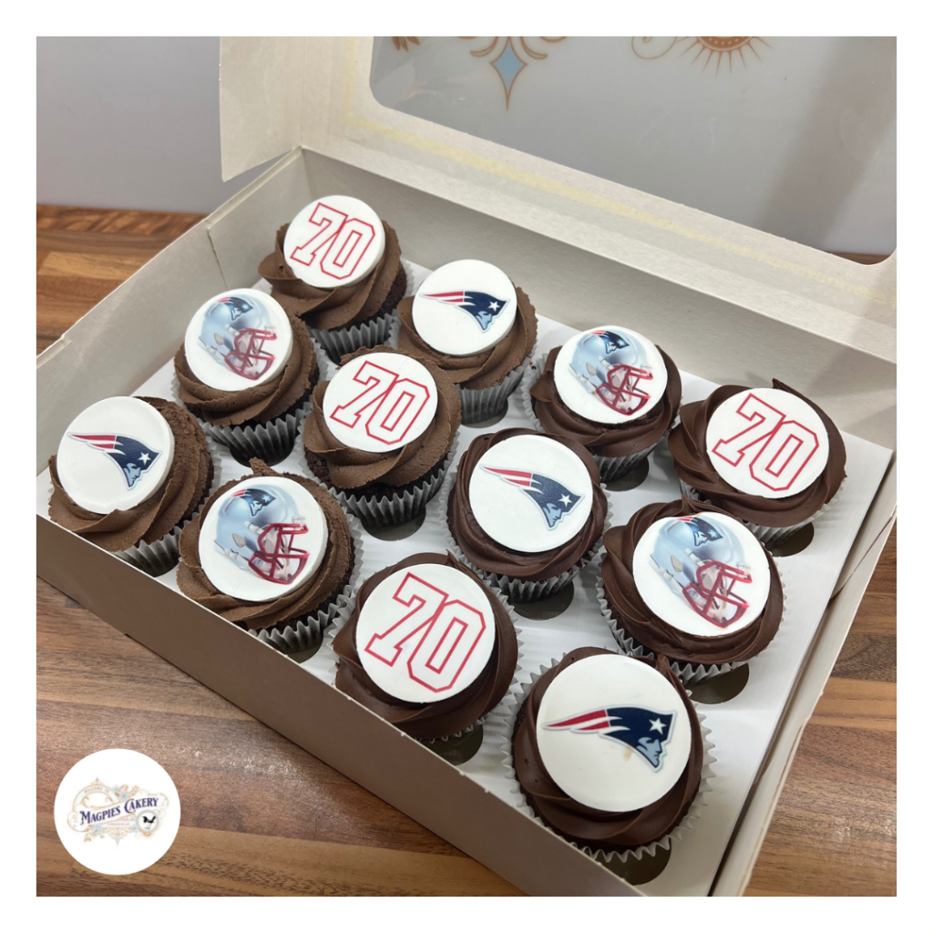 Patriots themed 70th birthday cupcakes. Buttercream finish cake with personalised printed icing cake toppers. Magpies Cakery, cake maker & decorator, Lincoln & Newark UK