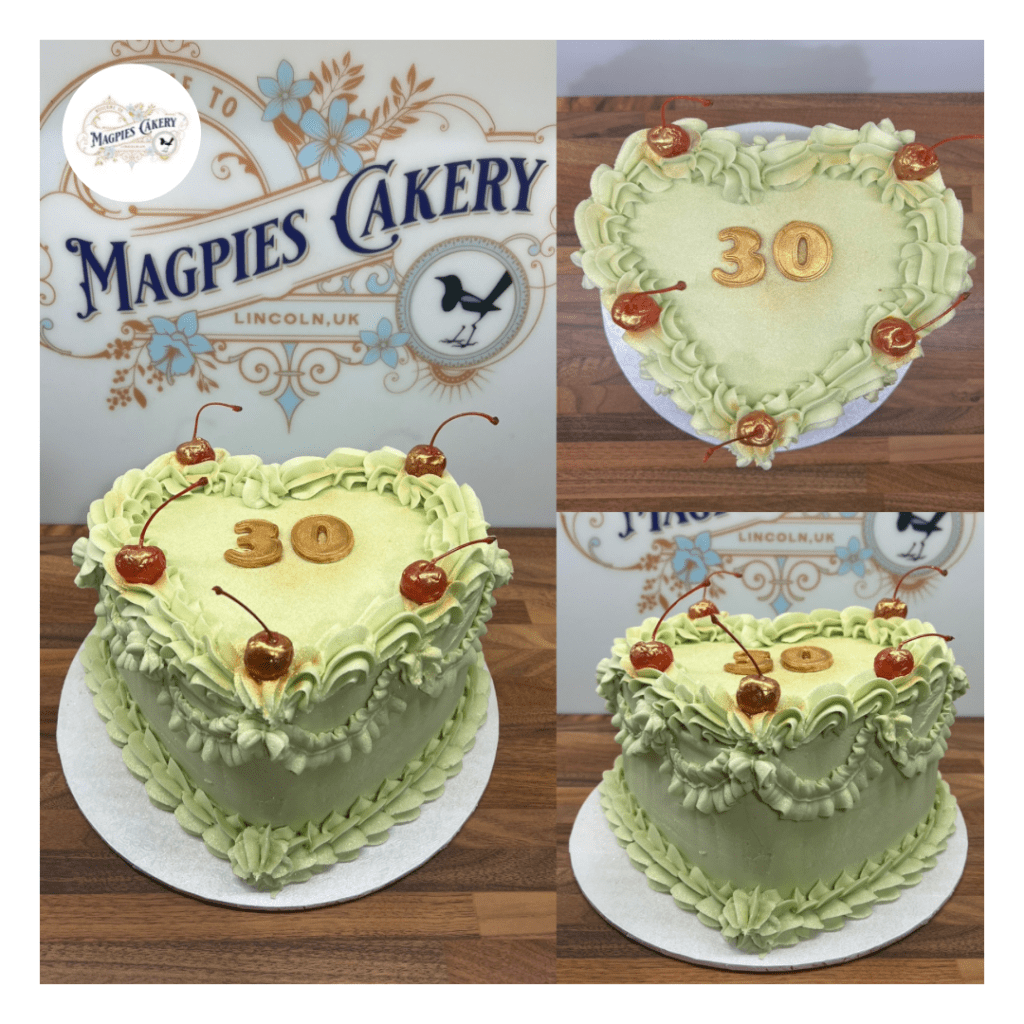 Vintage style heart buttercream finish 30th birthday cake. Magpies Cakery, cake maker & decorator, Lincoln & Newark UK