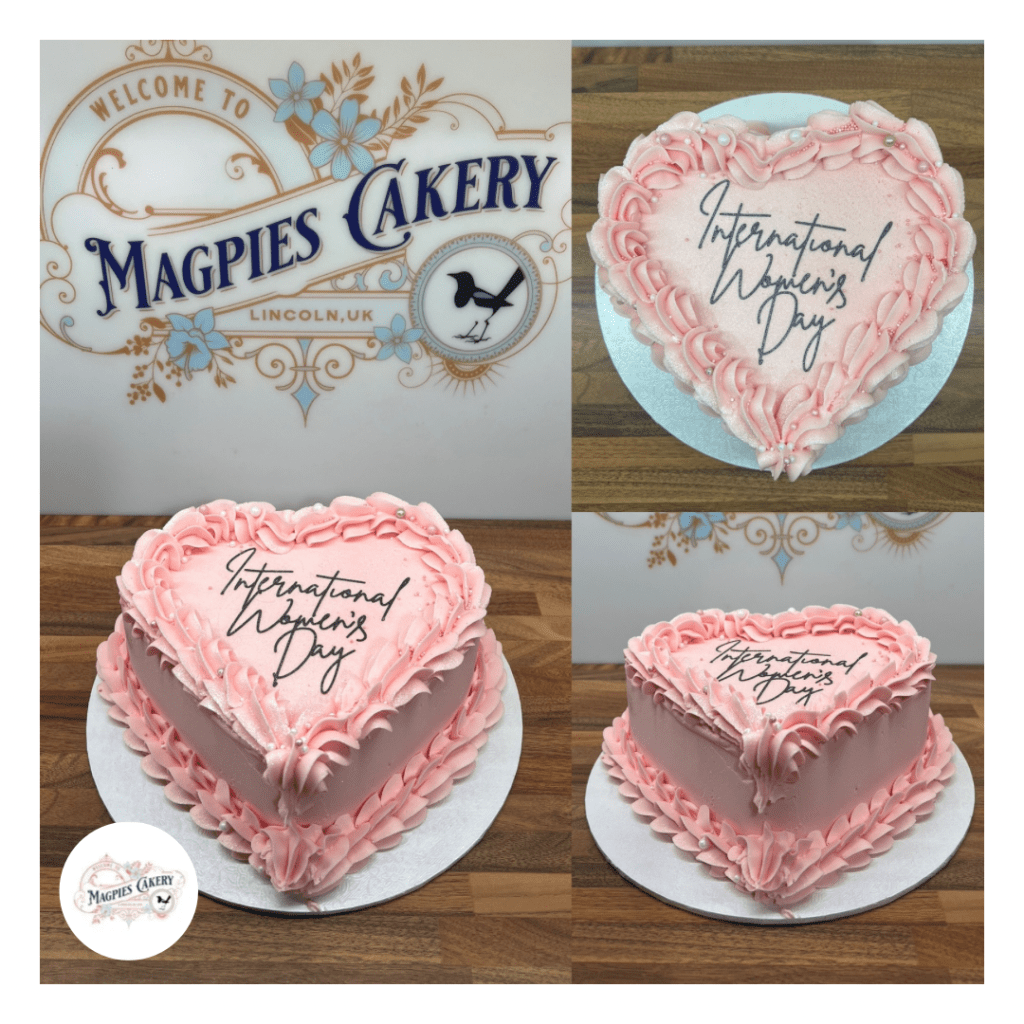Vintage style heart pink buttercream finish cake. Magpies Cakery, cake maker & decorator, Lincoln & Newark UK