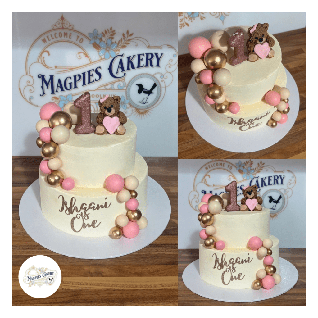 Teddy bear themed 1st birthday buttercream finish cake. Cake maker & decorator, Lincoln & Newark