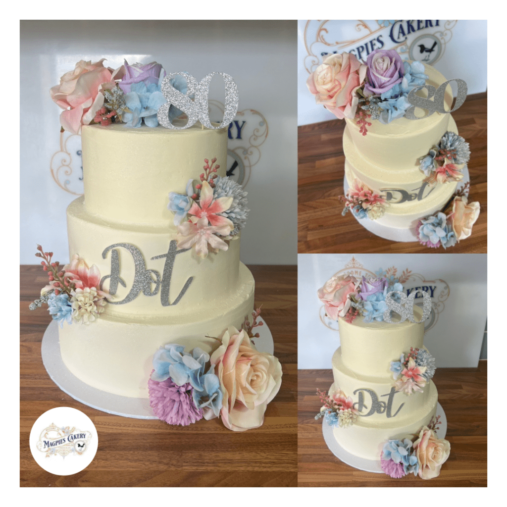 Floral inspired 80th birthday three tier cake with buttercream finish. Magpies Cakery, cake maker & decorator, Lincoln & Newark