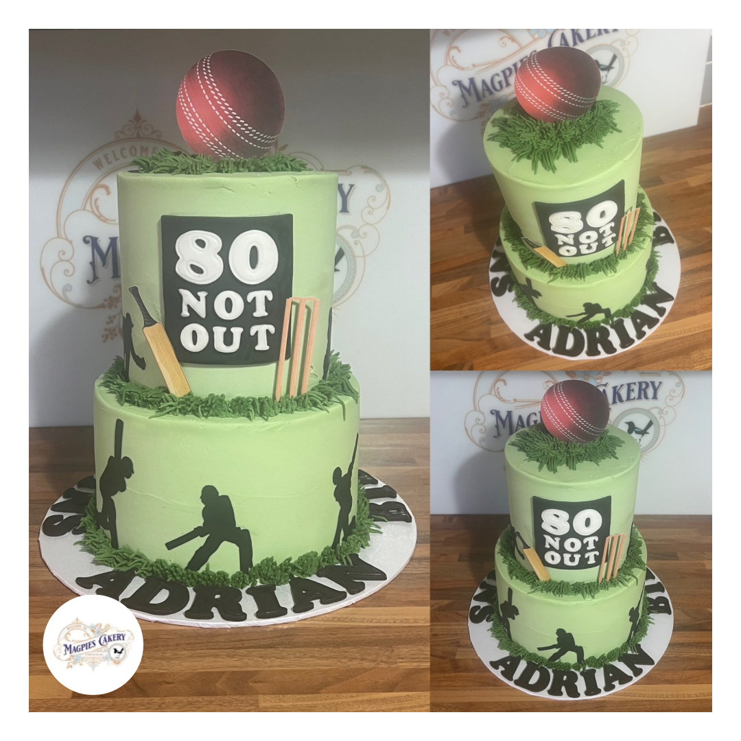 Cricket inspired 80th birthday buttercream finish cake. Magpies Cakery, cake maker & decorator, Lincoln & Newark