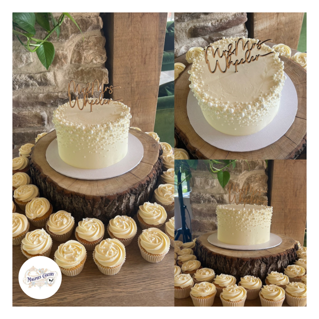 Wedding cake & cupcakes. Buttercream finish cake with pearl sprinkles and personalised friends themed edible icing print - 'the one where they got married'. Magpies Cakery, cake maker & decorator, Lincoln & Newark UK