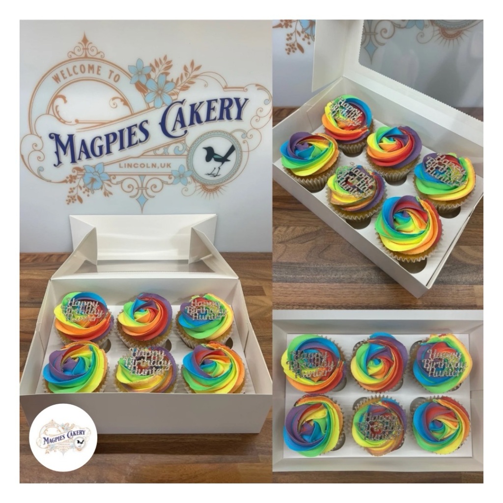 Rainbow inspired birthday cupcakes. Buttercream finish cupcakes with personalised card toppers. Dairy free spoinge, vegan buttercream. Magpies Cakery, cake maker & decorator, Lincoln & Newark UK