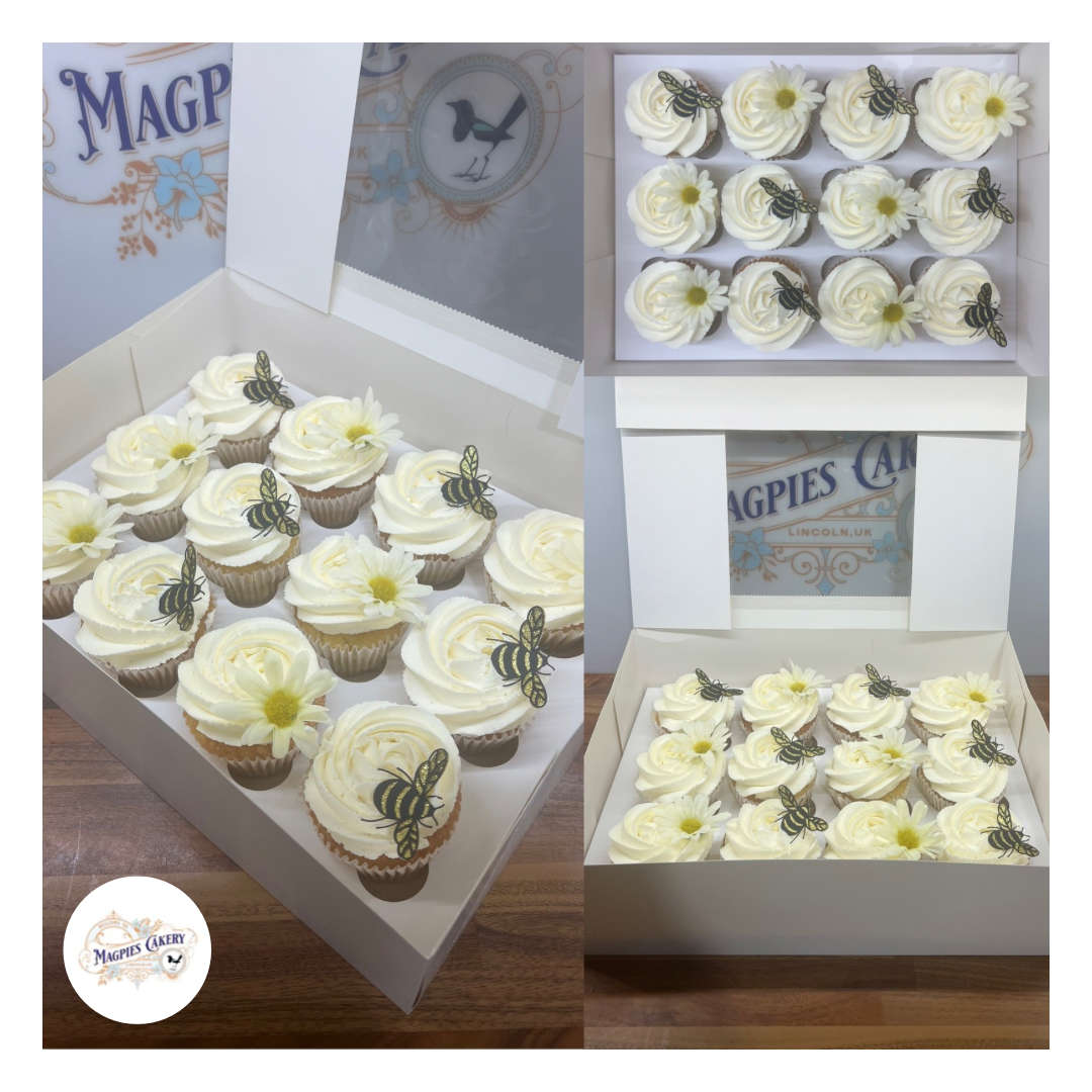 Floral & bee inspired buttercream finish wedding cupcakes. Magpies Cakery, cake maker & decorator, Lincoln & Newark UK