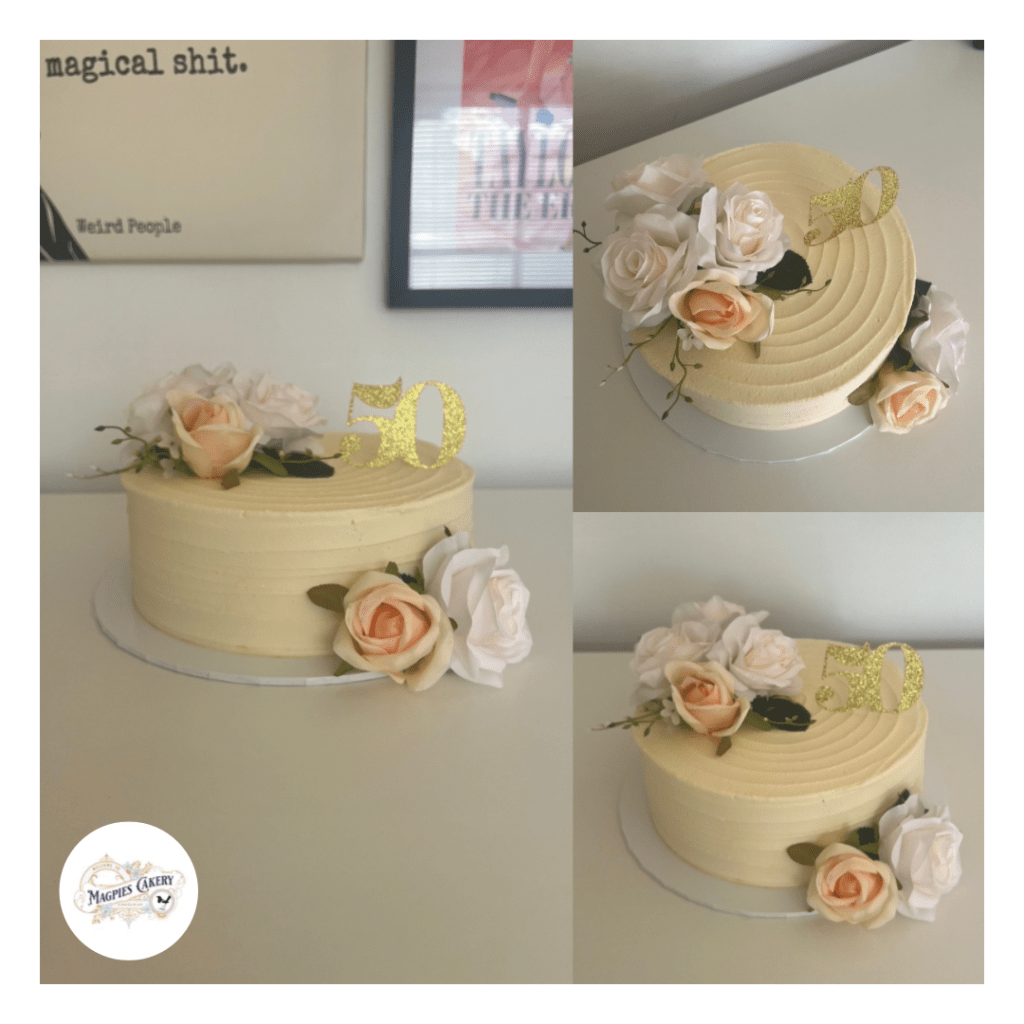 Floral inspired 50th birthday cake with buttercream finish. Magpies Cakery, cake maker & decorator, Lincoln & Newark
