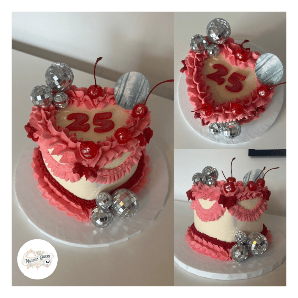 Vintage style heart buttercream finish 25th birthday cake with dico balls & cocktail cherries. Magpies Cakery, cake maker & decorator, Lincoln & Newark UK