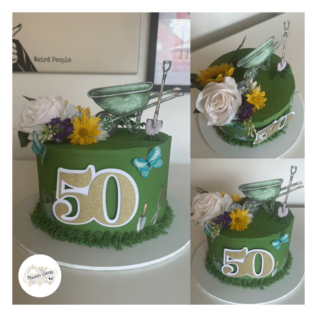 Gardening inspired 50th birthday buttercream finish cake, Magpies Cakery, cake maker & decorator, Lincoln & Newark