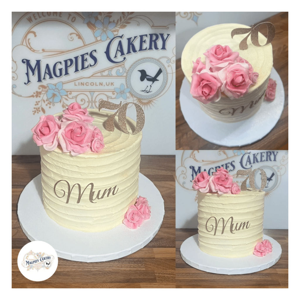 Floral inspired 70th birthday cake with buttercream finish. Magpies Cakery, cake maker & decorator, Lincoln & Newark