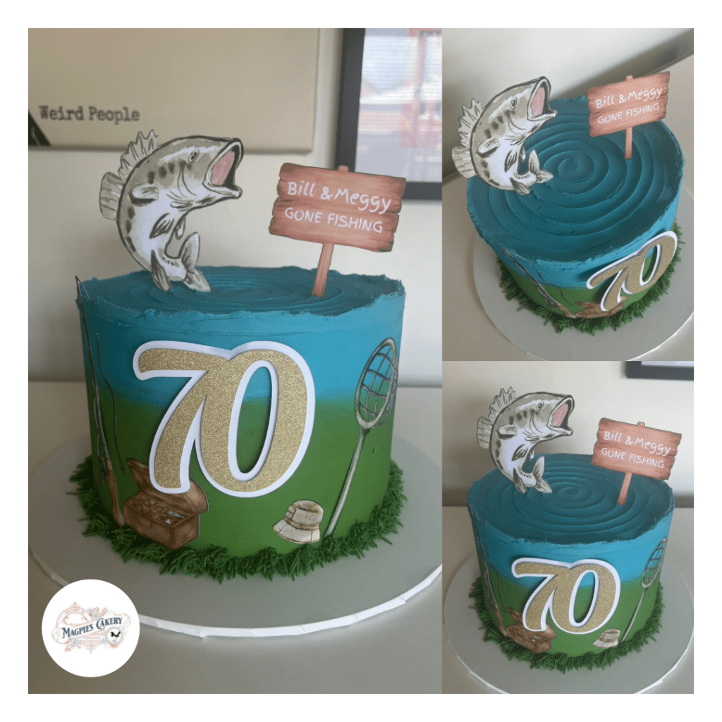 Fishing inspired 70th birthday buttercream finish cake, Magpies Cakery, cake maker & decorator, Lincoln & Newark